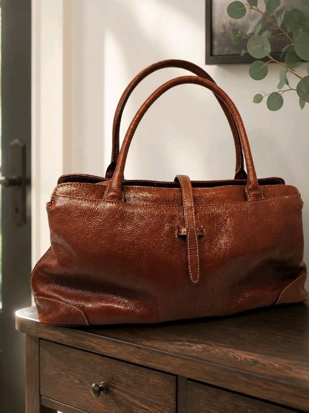 Kenneth Cole New York Cognac Brown Tumbled Leather Shoulder Tote Bag